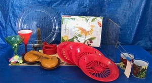 lot 335 image: Grill Basket, Hamburger Presses, Plate Holders, Plastic Platter, Tablecloth
