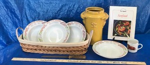 lot 336 image: (4) Gumbo Bowls, Crawfish Cup, Fleur-de-Lis Vase, Long Bread Basket, Seafood Cookbook