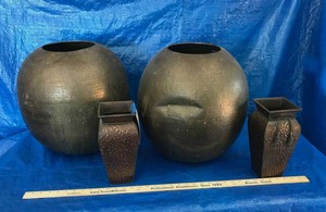 lot 343 image: (2) Large Round Hammered Finish Vases, (2) Small Metal Vases