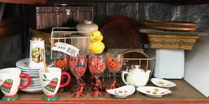 lot 349 image: Assortment  Plates, Basket, Toaster, Trays, Mugs, painted wine glasses, etc.