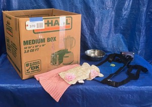 lot 370 image: Box Full of Dog Clothing, Costumes, Collars, Comb, Etc.