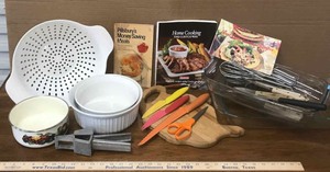 lot 384 image: (2) Casseroles, Cutting Board, Knives, Colander, Baking Dishes, Etc.