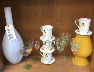 lot 392 image: Painted Wine Glasses, Floral Cups with Saucers, Vases