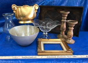 lot 347 image: Carved Wood Candlesticks, Footed Wavy Edged Bowl, Vases, Tray