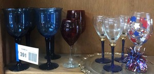 lot 391 image: Asst. Wine Glasses blue, red, stars painted