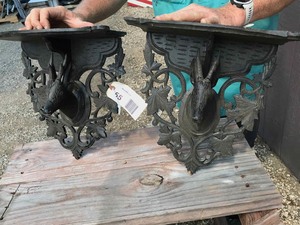 lot 55 image: (2) Hand Carved Deer Wall Bracket Shelves, resembles Black Forest style