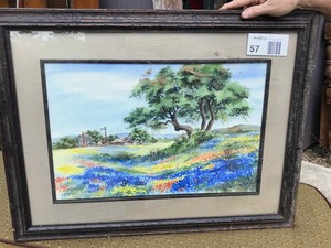 lot 57 image: Art  Susie Short 1979, Bluebonnets, Windmill and Barn