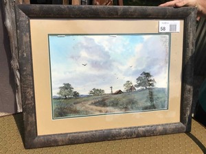 lot 58 image: Art  Susie Short 1979, Barn Scene, Windmill, Birds