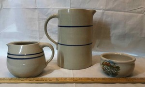 lot 156 image: Marshall Pottery striped pitcher, striped small pitcher, cow bowl