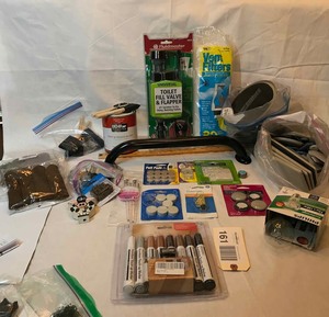 lot 161 image: Household furniture sliders, toilet valve & flapper, pull handle, lightbulb, paint, etc.