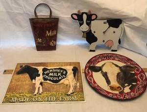 lot 174 image: Cows Wall clock, tin sign, tray, wall pocket