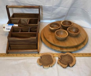 lot 184 image: (2) lazy susans, utensil totes, small wood bowls