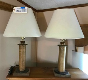 lot 205 image: (2) wood spool lamps