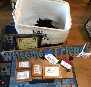 lot 209 image: Wood sign welcome friends, home sweet home basket, assorted wall decoratives