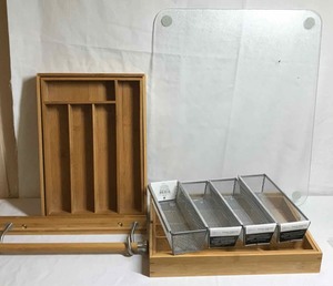 lot 239 image: Expandable utensil organizers for drawers, paper towel holder, cutting board, bins