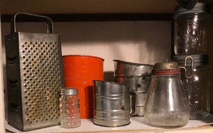 lot 241 image: Antiquevintage baking sifters, glass grinder, grater