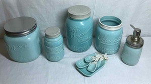 lot 247 image: Light blue ceramic canisters, measuring spoons, spooner, soap dispenser