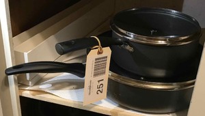 lot 251 image: Assorted pots and pans, Pizza stone
