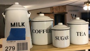 lot 279 image: Enamelware milk, coffee, sugar, tea canisters