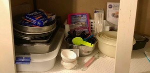lot 303 image: Assorted baking pans, mixing bowls, measuring cups, candy thermometer, supplies for cake pops