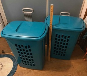 lot 305 image: (2) Rolling Laundry Hampers (teal color)
