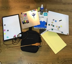 lot 316 image: Dry erase board & markers, paper, metal board, lanyards, black pouch, etc.