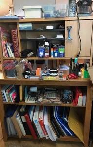 lot 327 image: Assorted office supplies file folders, sheet protectors, notepads, calculator, binder clips, envelopes, etc.