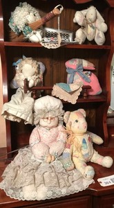 lot 364 image: Quilted teddy bears, bunny, doll angel, doll, kitchen witch