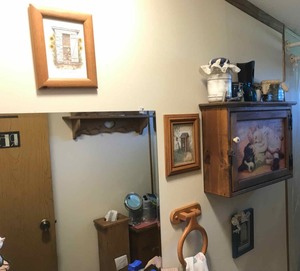 lot 406 image: Wall mounted medicine cabinet, bath decor items