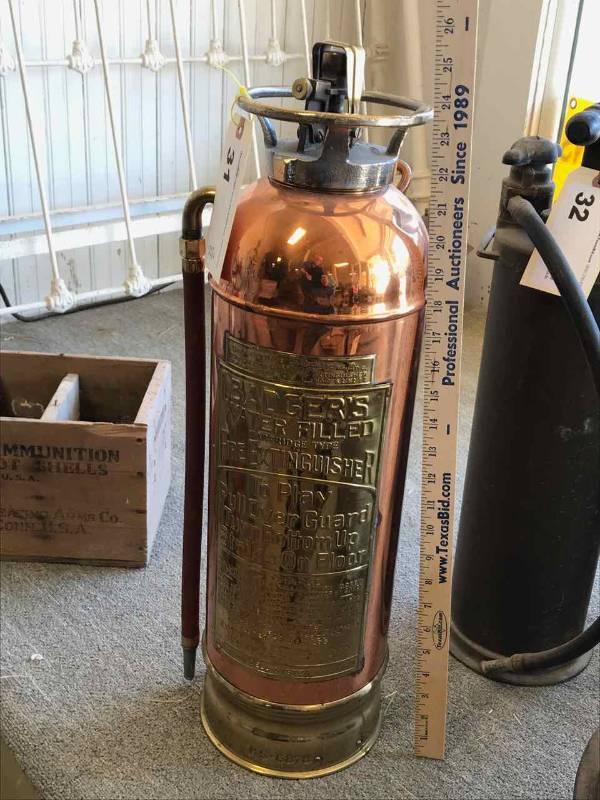 lot 31 image: Antique Copper & Brass Fire Extinguisher, Badgers Water Filled