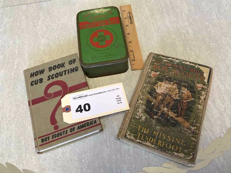 lot 40 image: Vintage Boy Scouts First Aid Kit, 2 Books