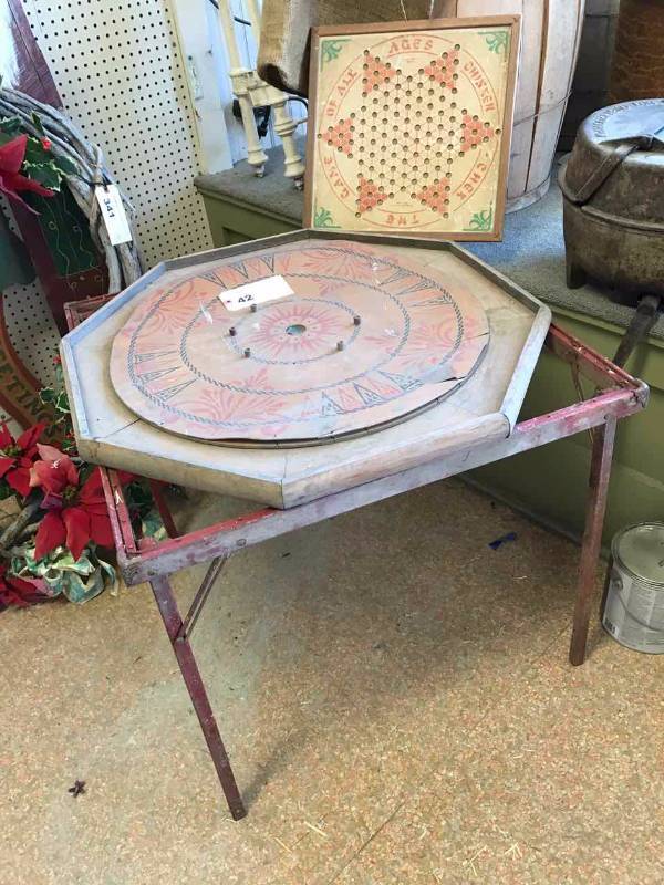lot 42 image: (2) Vintage Game Boards & Red Wood Folding Card Table Frame (rough)