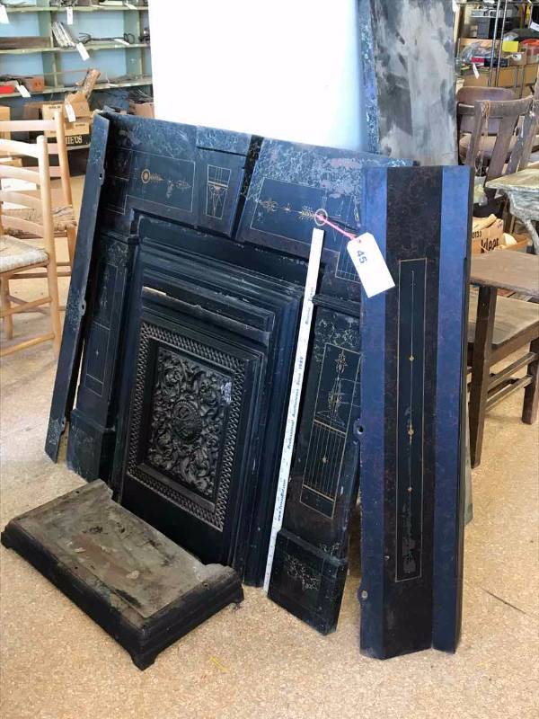 lot 45 image: Fabulous Rare Antique Painted Cast Iron Fire Place Surround with Thick Marble Mantle Top, and Side Pieces
