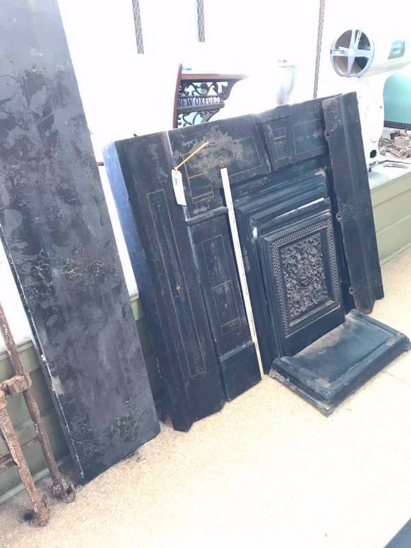 lot 46 image: Fabulous Rare Antique Painted Cast Iron Fire Place Front with Thick Marble Mantle, and Side Pieces