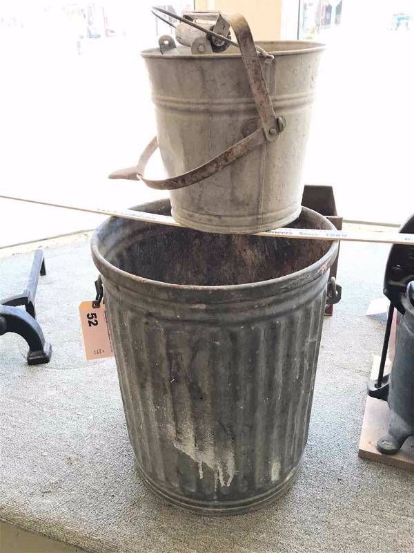 lot 52 image: Old Heavy Galvanized Can & Old Time Galvanized Mop Bucket