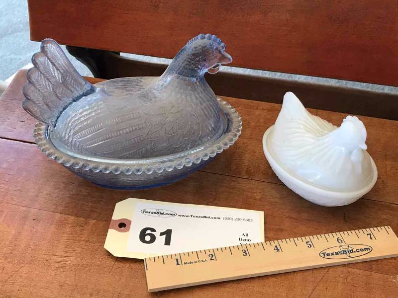 lot 61 image: Blue Hen on Nest & Small A.H. White Hen on Nest