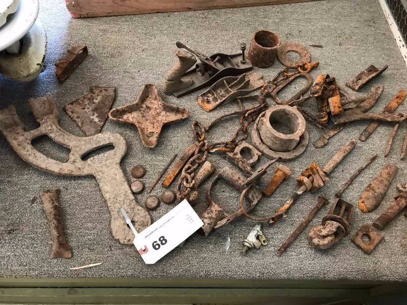lot 68 image: Asst. Antique Iron Pieces, Bolts, Chain, Etc.