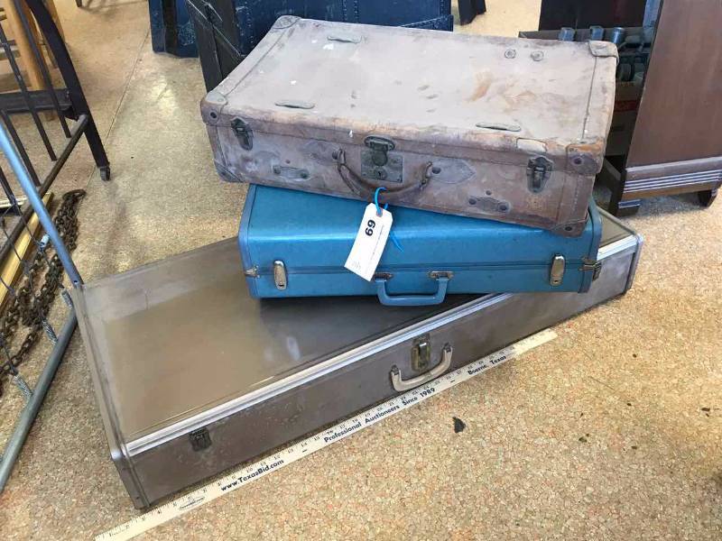 lot 69 image: (2) Old Luggage, (1) Under-Bed Tin Storage Case