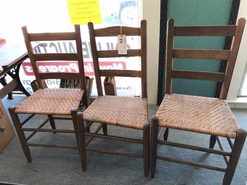 lot 71 image: (3) Chairs  Old Ladder Back, Woven Cane Seat