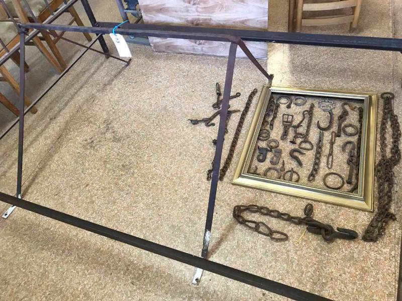 lot 73 image: Metal Frame for a Pulley, Old Hand Wrought Hooks, Latches, Chain Pieces, Etc.
