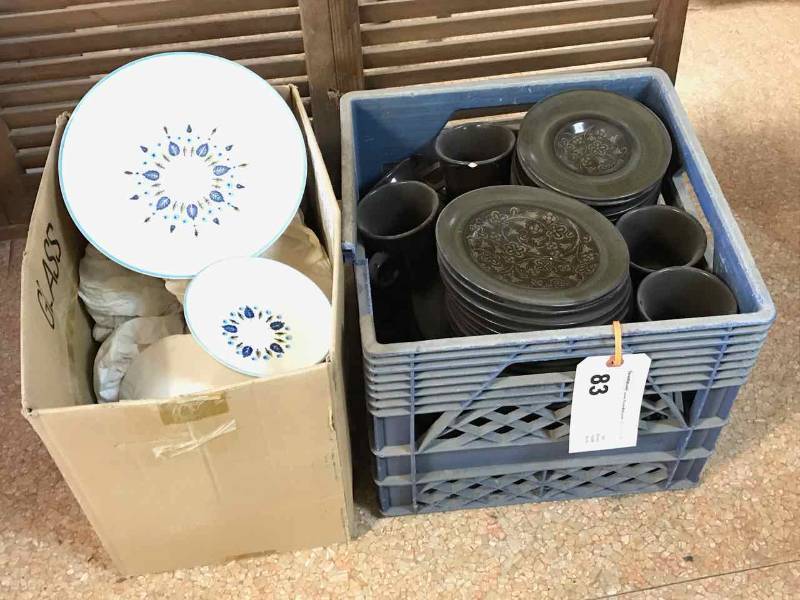 lot 83 image: (2) Vintage Dish Sets Chocolate Brown with Floral Design & White With Blue Edges & Flowers