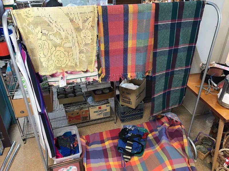 lot 95 image: Cloth Belts, Dress, Shower Curtains, Framed Quilt Piece, Table Cloths, Etc.