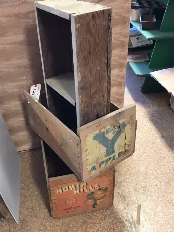 lot 103 image: (2) Old Fruit Crates & a Wood Bin