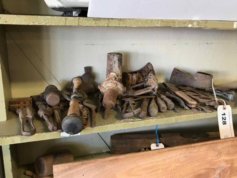 lot 128 image: Antique Tools  Moline Plow Tool, Adjustable Wrenches, Axe Heads, Saw Tooth Set, Files, Etc.