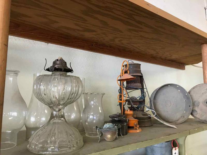 lot 159 image: Lantern, Cracked Oil Lamp, Stands, Shades, Etc.