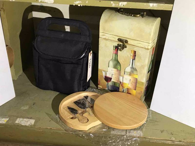 lot 196 image: Portable Folding Cheese Board and Canvas Wine Tote, another cardboard tote.