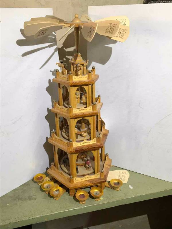 lot 200 image: Wood Christmas Pyramid, German style uses candle to power blade and assorted ornaments