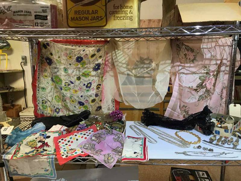 lot 223 image: Jewelry Parts & Pieces, Rhinestone Trim, Rhinestone Necklace & Pierced Earrings, Hankies, Wrist Watches, Black Mesh Handbag, Lace Glovelets