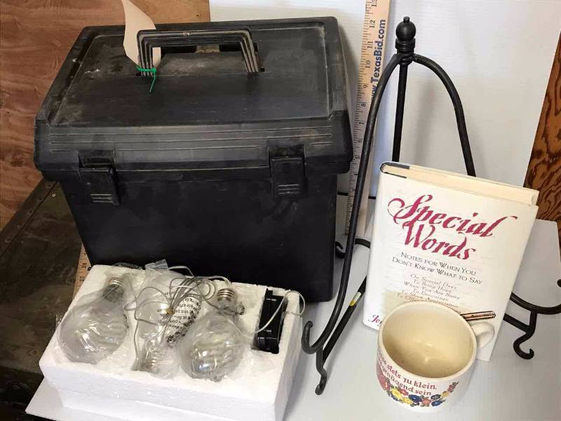 lot 229 image: Plastic File Box, Folders, Easel, Battery Powered Lights, Cup