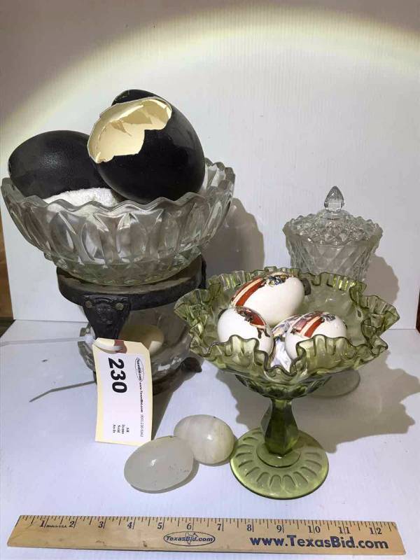 lot 230 image: Eggs, Egg Shaped Ornaments, Glass Candy Dishes, Etc.